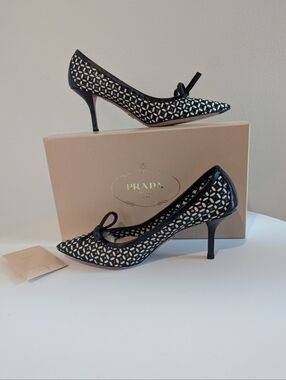 Prada 1I896C Capretto Nero Avorio Size 38 Black Ivory Lattice Bow Stiletto Pumps